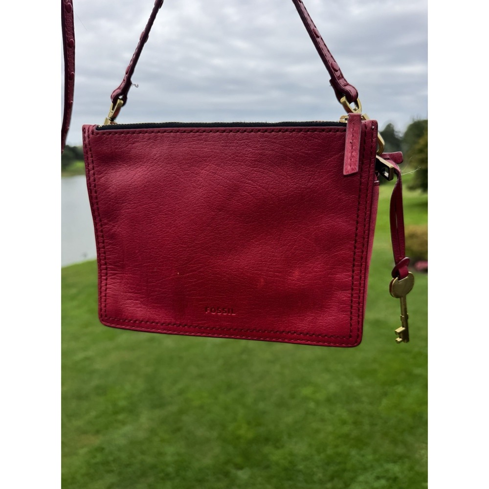 Fossil Red Small Crossbody Bag Triple Zip, Key Charm, Red Suede Sides & Top